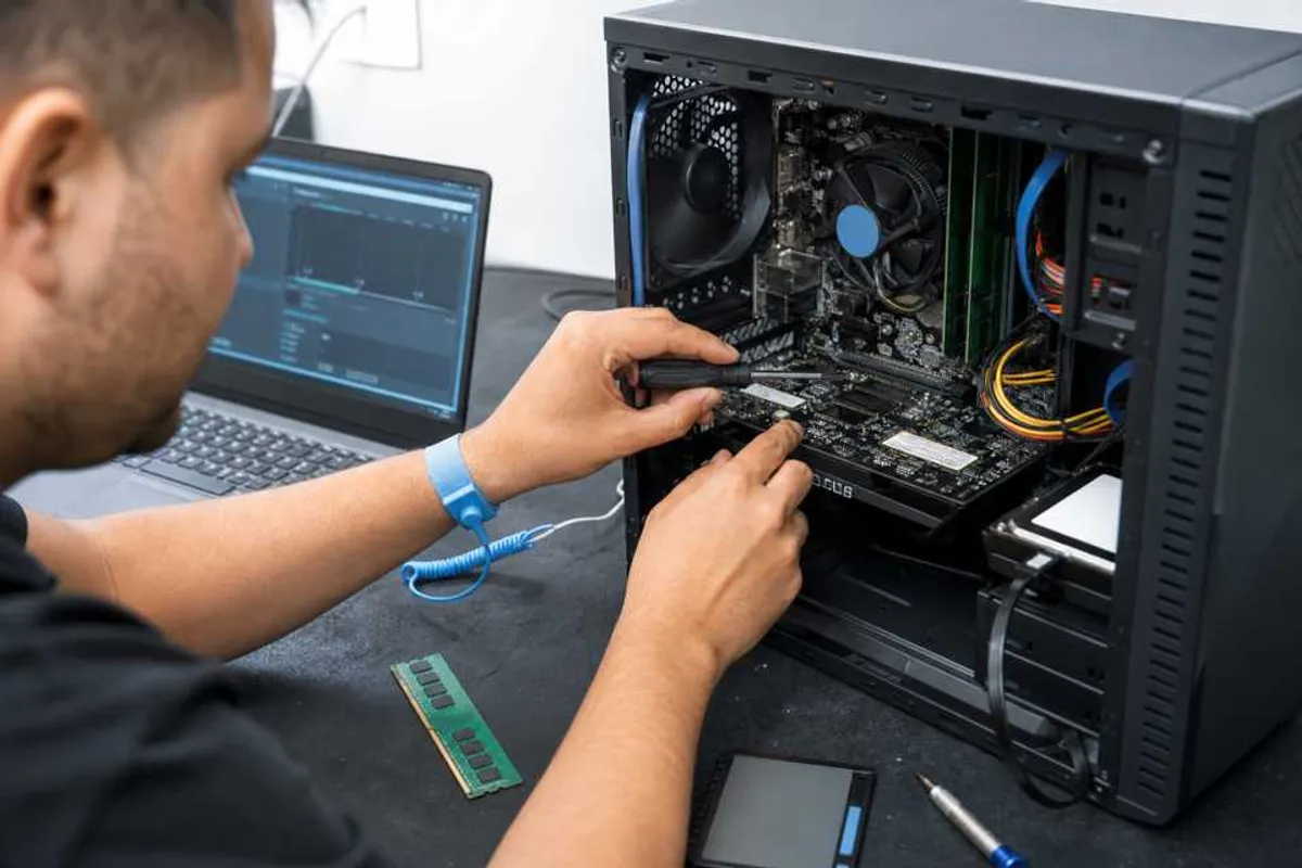 Técnico realizando conserto de computador em bancada com notebook e componentes